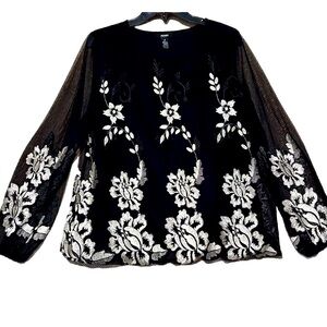 Alfani Top M Gorgeous Black Gold Embroidered Metallic Dressy Shirt Blouse Medium